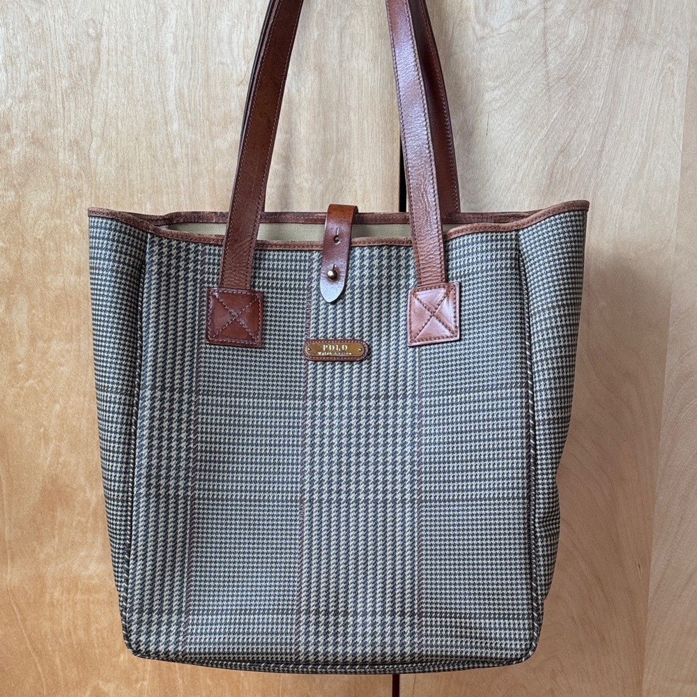 Ralph Lauren Vintage plaid Tote handbag with Brown Leather straps